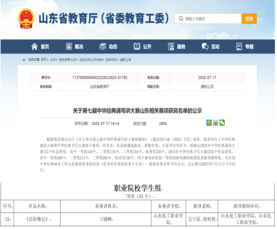 山东化工职业学院荣获山东省中华经典诵读大赛二等奖
